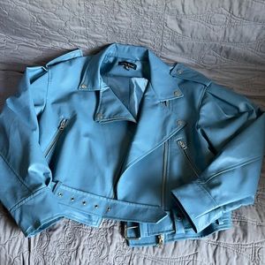 University blue faux leather cropped moto jacket
